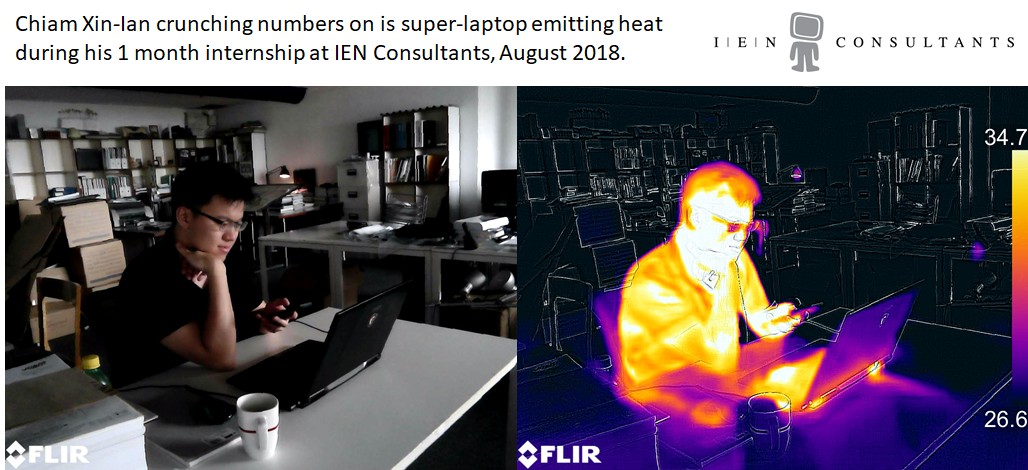 Thermographic photo of Ian and his laptop computer during internship at IEN Consultants, August 2018
